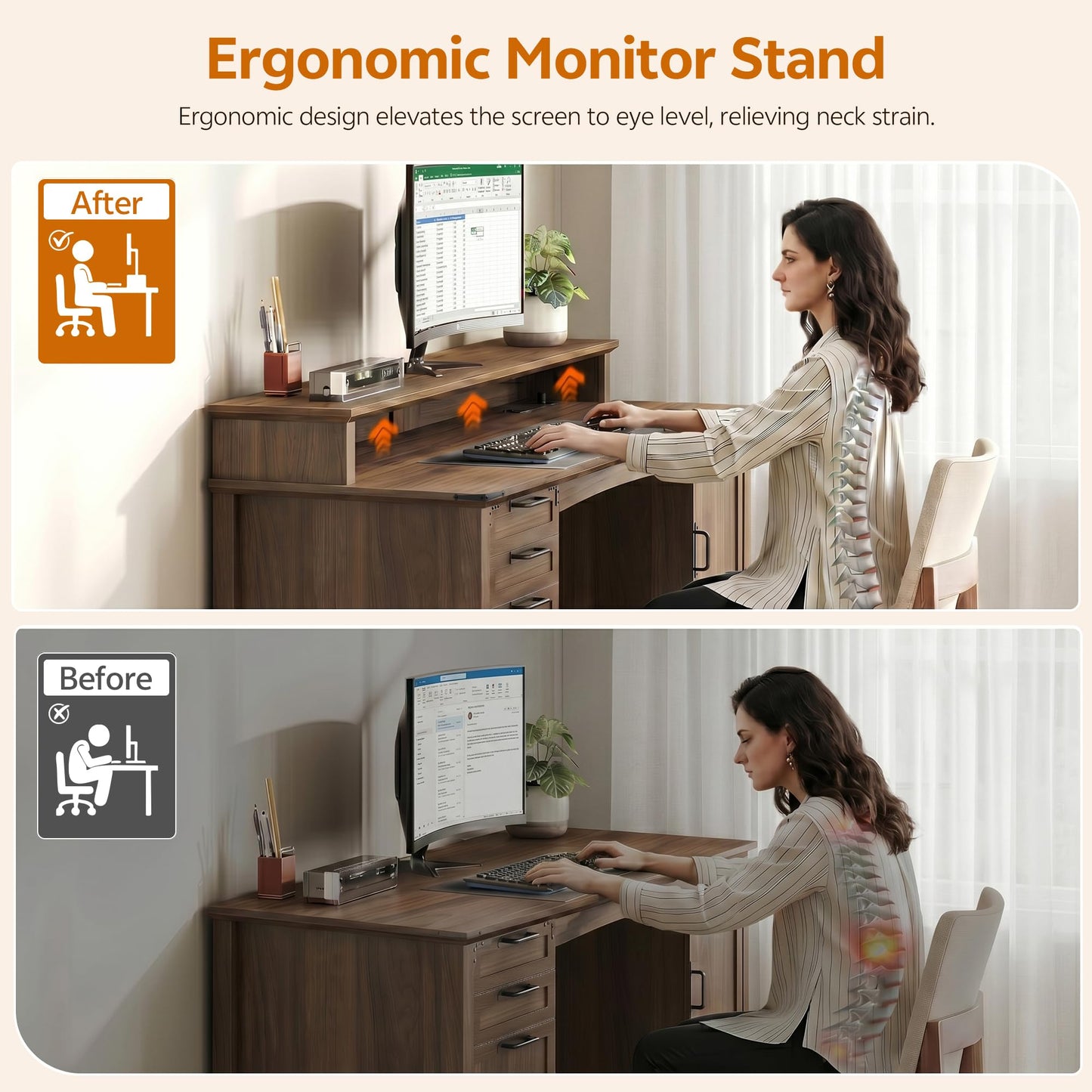 Homiflex Farmhouse Office Desk with Power Outlet & Monitor Stand, 63'' Home Computer Desk with 2 Drawers, File Cabinet, Storage Cabinet, Executive Desk for Work, Study, Writing, Gaming, Walnut