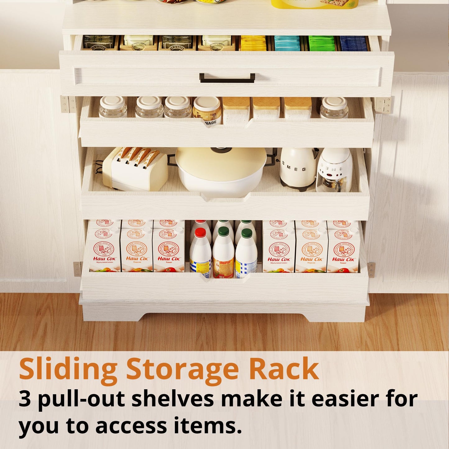 IRONCK Farmhouse Pantry Cabinet, 72" Tall Kitchen Storage Cabinet, Freestanding Cupboard with Sliding Rack & 6 Hanging Shelves,Kitchen Pantry Furniture for Dining Room, Easy Assembly, White