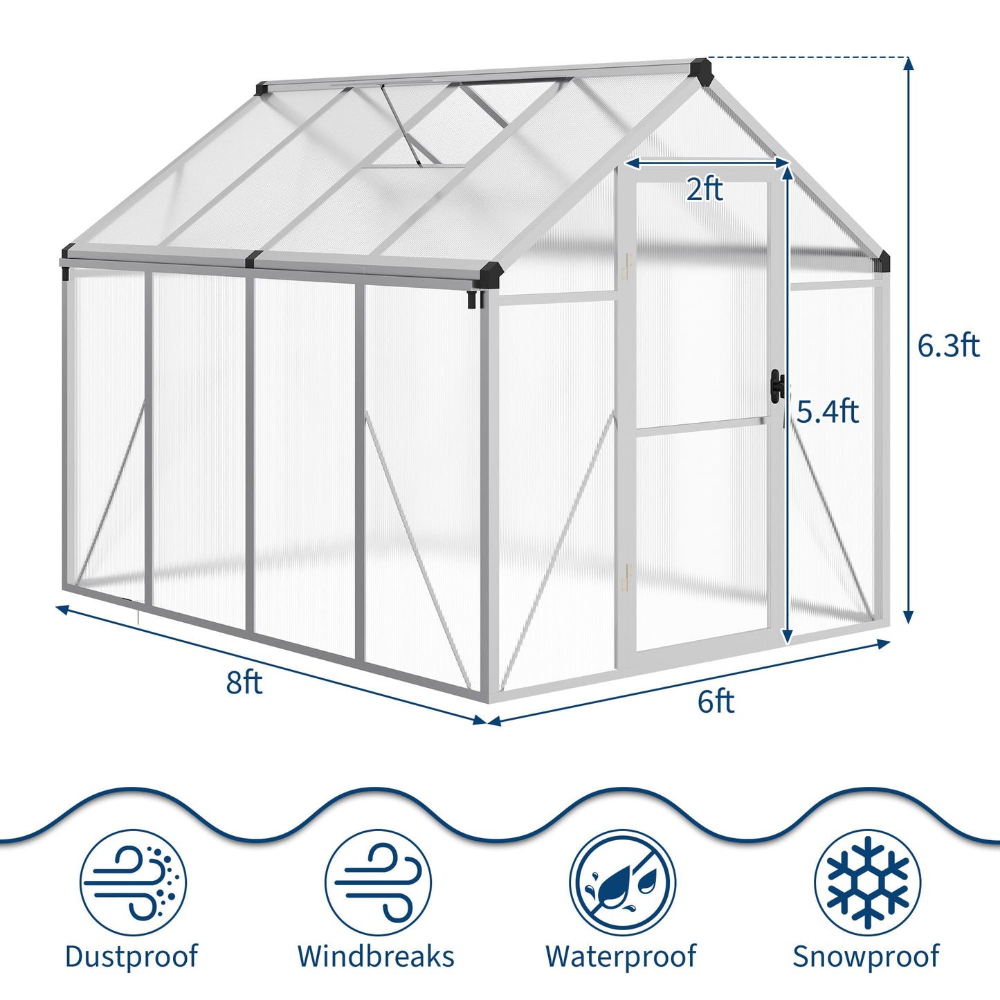 6x8 ft Walk-in Greenhouse, Polycarbonate Panels with Reinforced Aluminum Frame, Large Garden Green House for Planting and Seed Starting, Quick-Assembly Structure with Adjustable Roof Vent