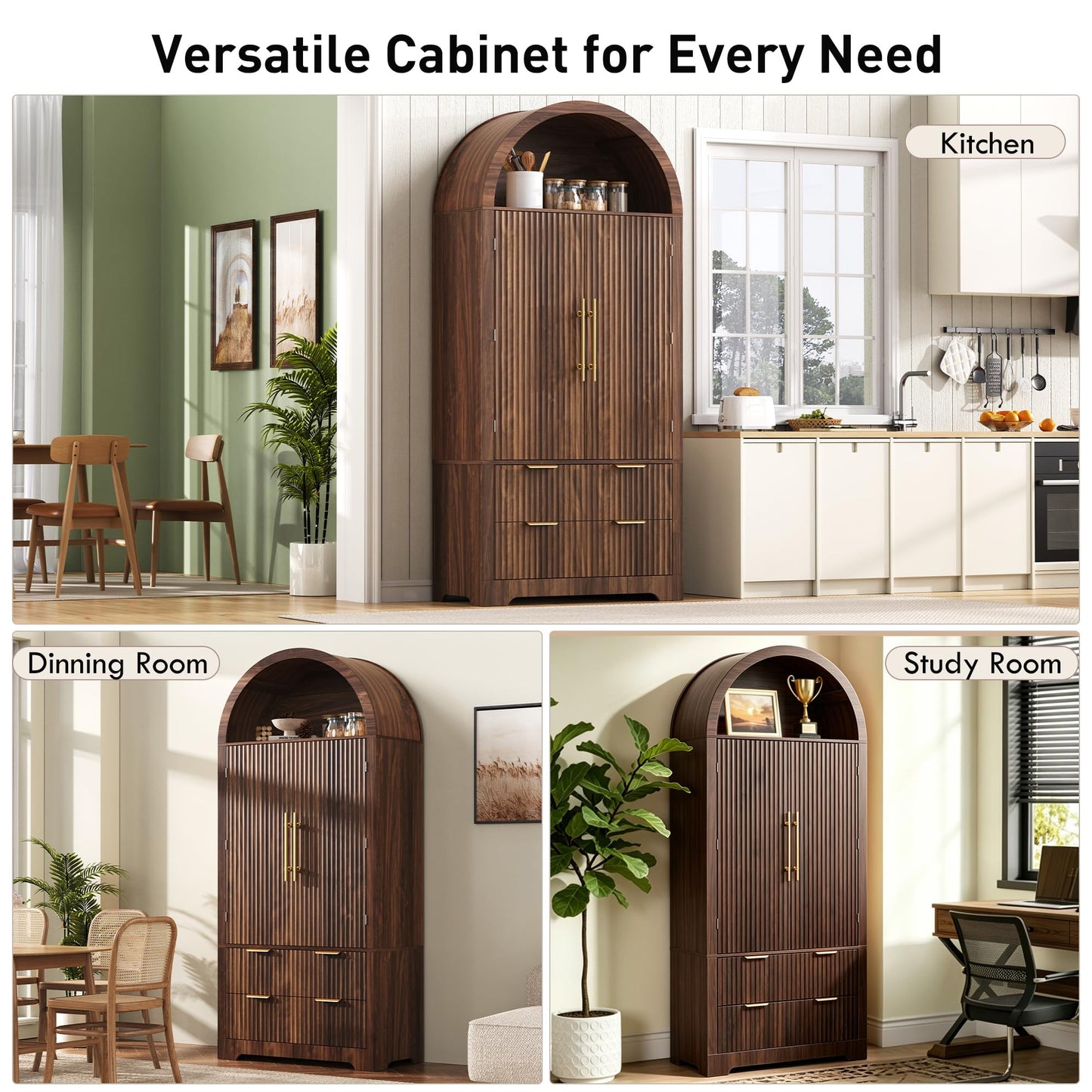 Merax 72" Tall Arched Kitchen Pantry Cabinet with 2 Drawers, Mid Century Modern Fluted Storage Cabinet with 3 Adjustable Shelves & 8 Door Shelves, Wooden Cupboard Organizer for Kitchens (Walnut)