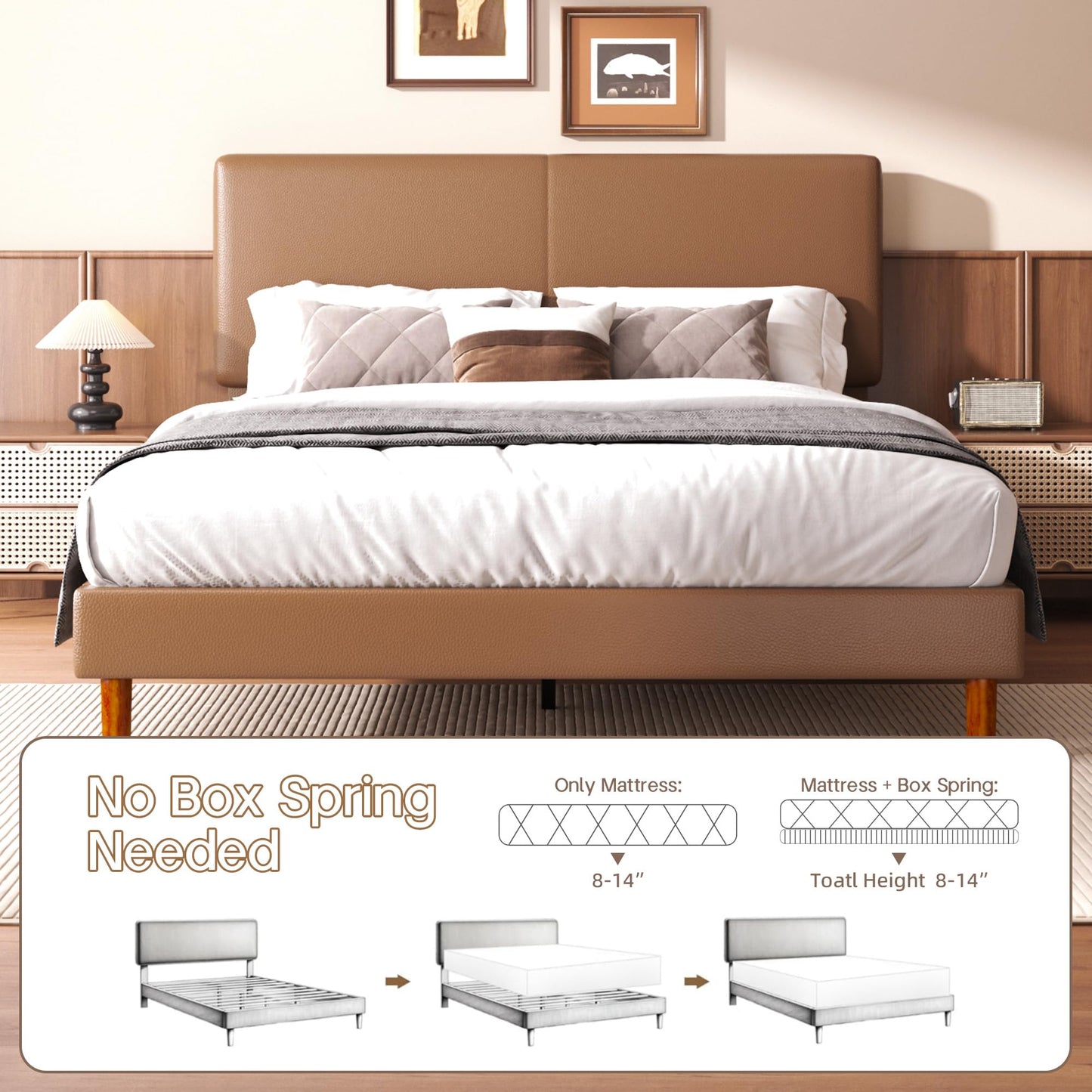Lcwtvgxr Queen Upholstered Platform Bed Frame with Headboard, Faux Leather Modern Bed Frame with Wood Slat Support, No Box Spring Needed, Easy Assembly, Brown