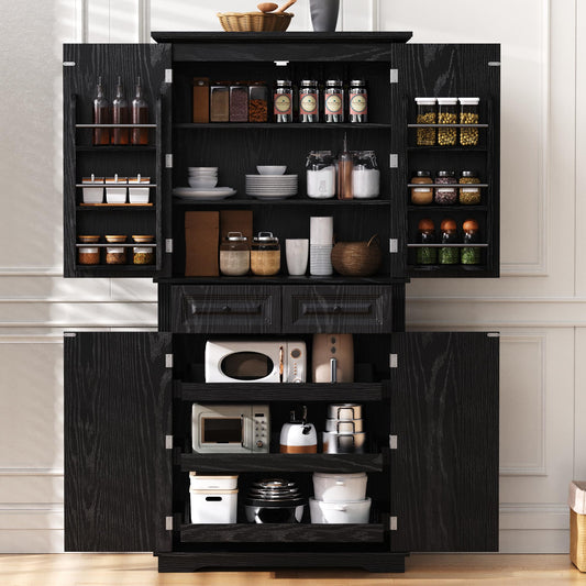 Ball & Cast 71" Farmhouse Kitchen Pantry Cabinet with 3 Pull-Out Organizers, Tall Storage Cabinet with 4 Doors, 2 Drawers, 6 Door Shelves & Adjustable Shelves, Freestanding Cupboard, Black