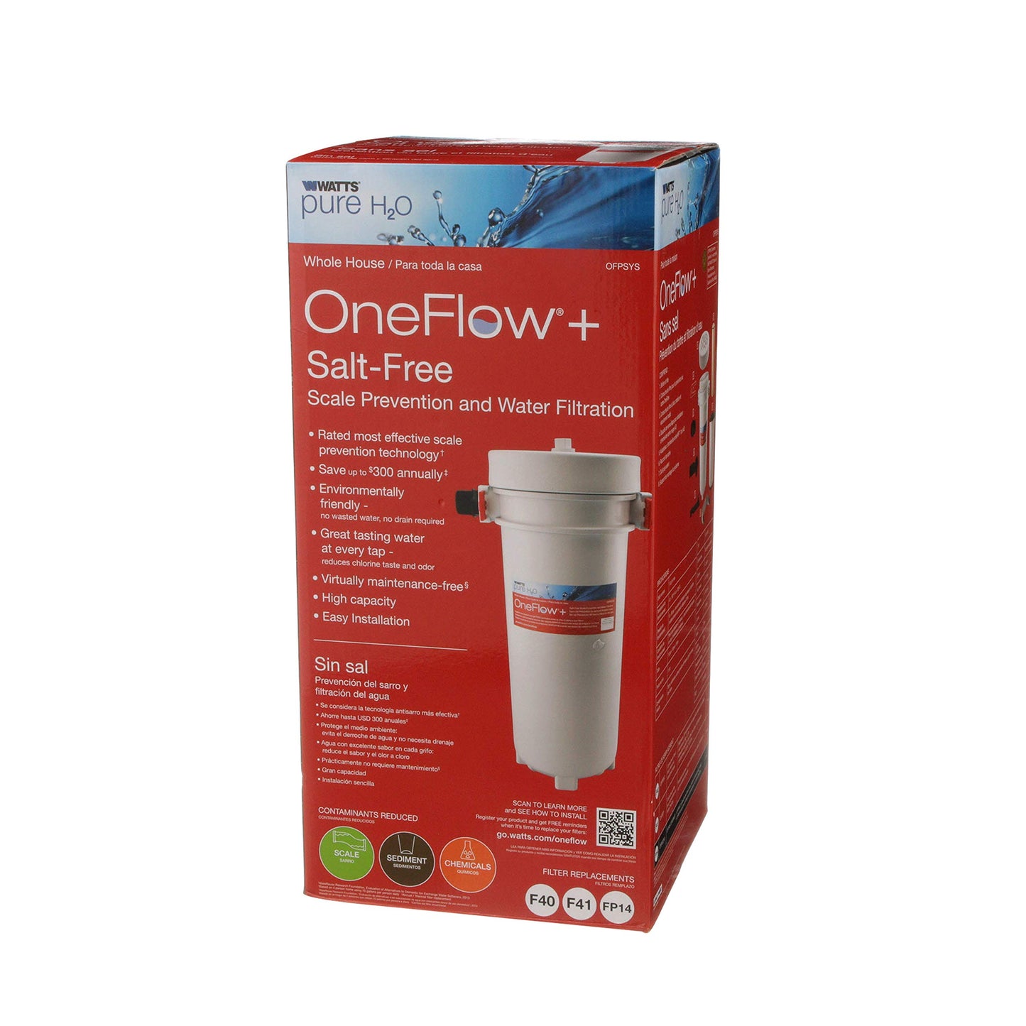 Watts OFPSYS OneFlow Plus Salt-Free Scale Prevention and Water Filtration System, Carbon Water Filter, Scale Reduction Cartridge, 1" NPT Inlet and Outlet Connections