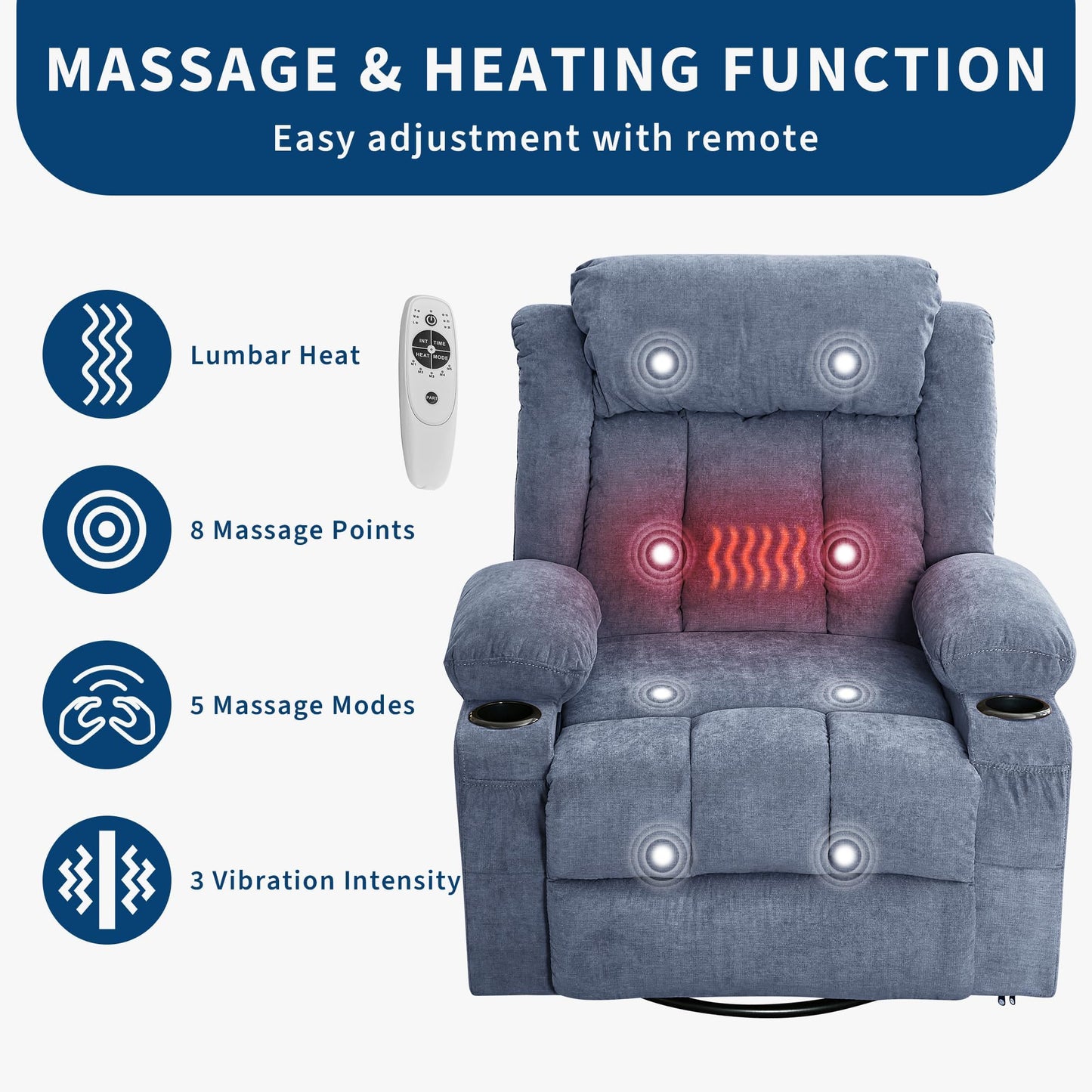 Oversized Swivel Rocker Recliner Chair with Heat & Massage, 3-Position Adjustable Nursery Recliner for Adults, Dual Cup Holders, Side Pockets, USB Charging Ports Blue