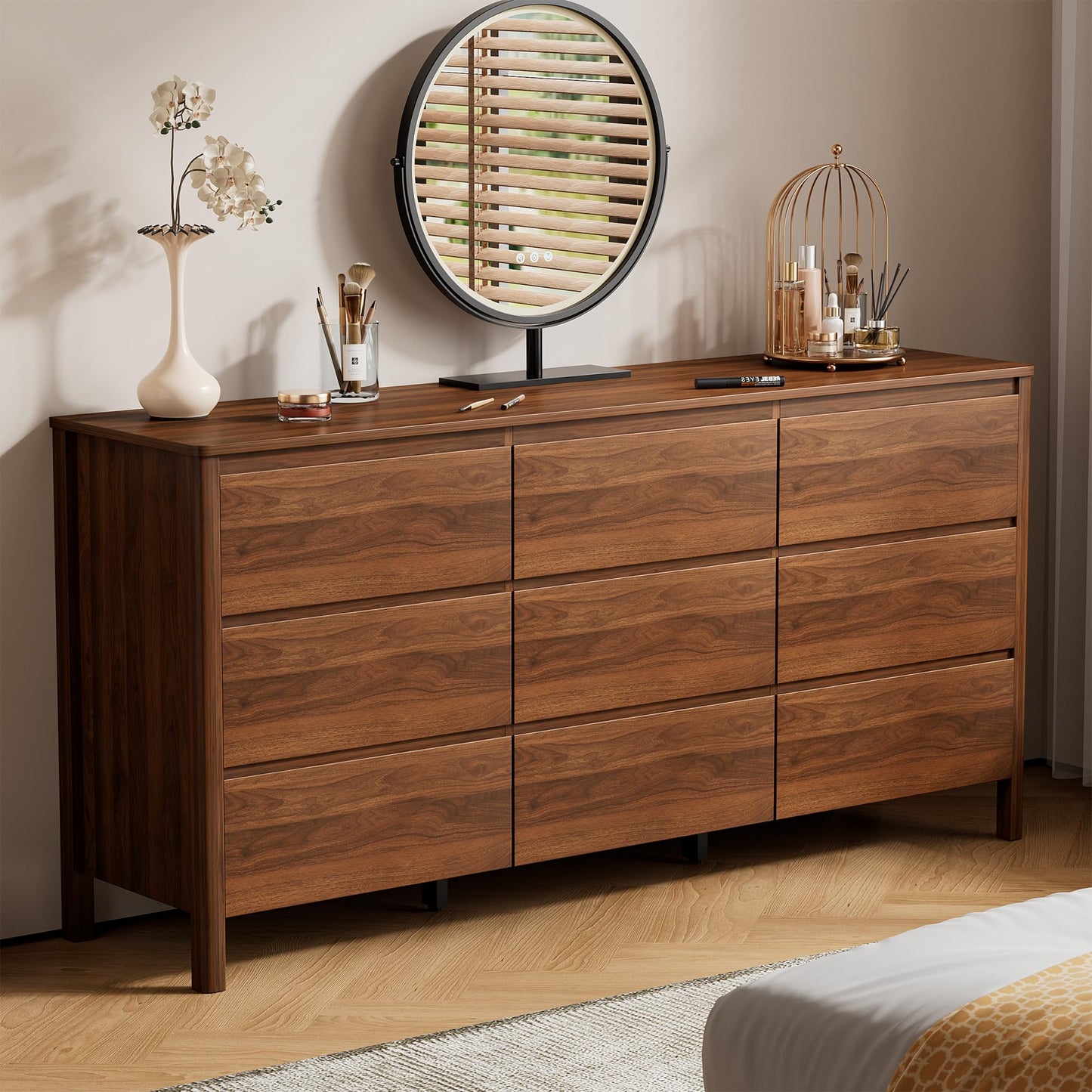 Furniway 63" Mid-Century Modern Dresser for Bedroom, 9 Drawer Wide Chest of Drawers with Wood Legs, Large Storage Bedroom Dresser, Walnut