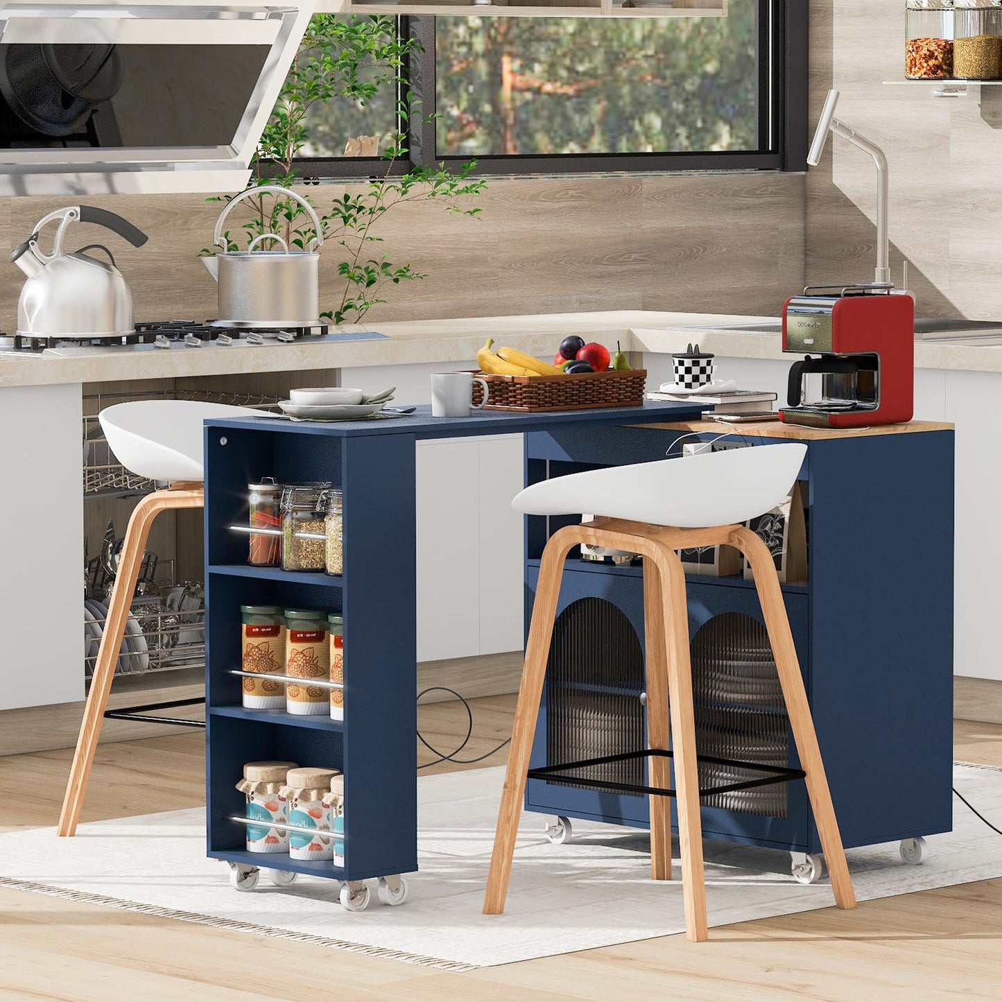 KTATK Rolling Kitchen Island with Extended LED Lights and Table,Storage Cart on Wheels W/Power Outlets & 2 Fluted Glass Doors,A Compartment,Side 3 Open Shelves,for Home Dining Room,Navy