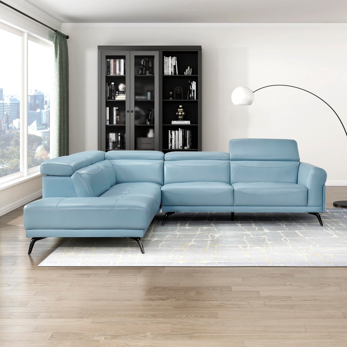 Lexicon L-Shaped Sectional Couch with Left Chaise, Top Grain Leather Match Sectional Sofa, Adjustable Headrests, Black Chrome Metal Legs, High-Density Cushions, Stitching, for Living Room, Blue