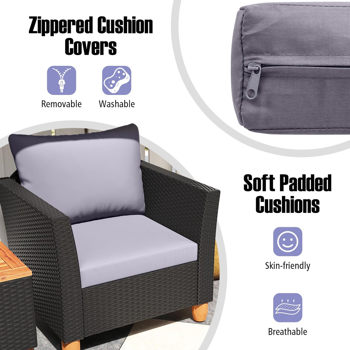 Tangkula 3 Pieces Patio Porch Furniture Set, PE Rattan Wicker Chair Conversation Set with Cushions and Storage Table, Outdoor Acacia Wood Bistro Set for Garden, Poolside (Grey)