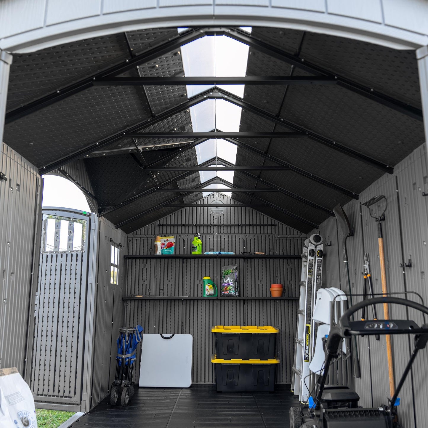 Lifetime Dual Entry Outdoor Storage Shed, 15 x 8 Ft, Steel‑Reinforced, UV‑Protected, Weather‑Resistant Backyard Garden Shed with Skylights, Windows & Shelving, Storm Dust