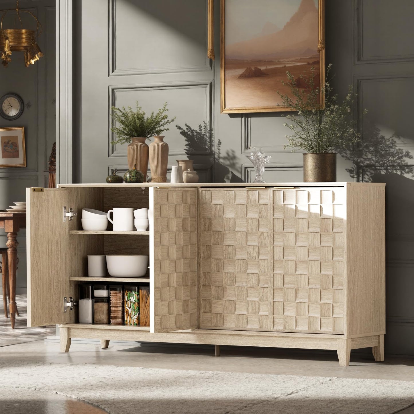 COLAMY 60" Sideboard Buffet Cabinet with Storage, Modern 4-Door Buffet Table with 3D Checkerboard Doors & Solid Wood Legs, Large Coffee Bar Cabinet for Dining Room, Living Room, Entryway,Oak Mist
