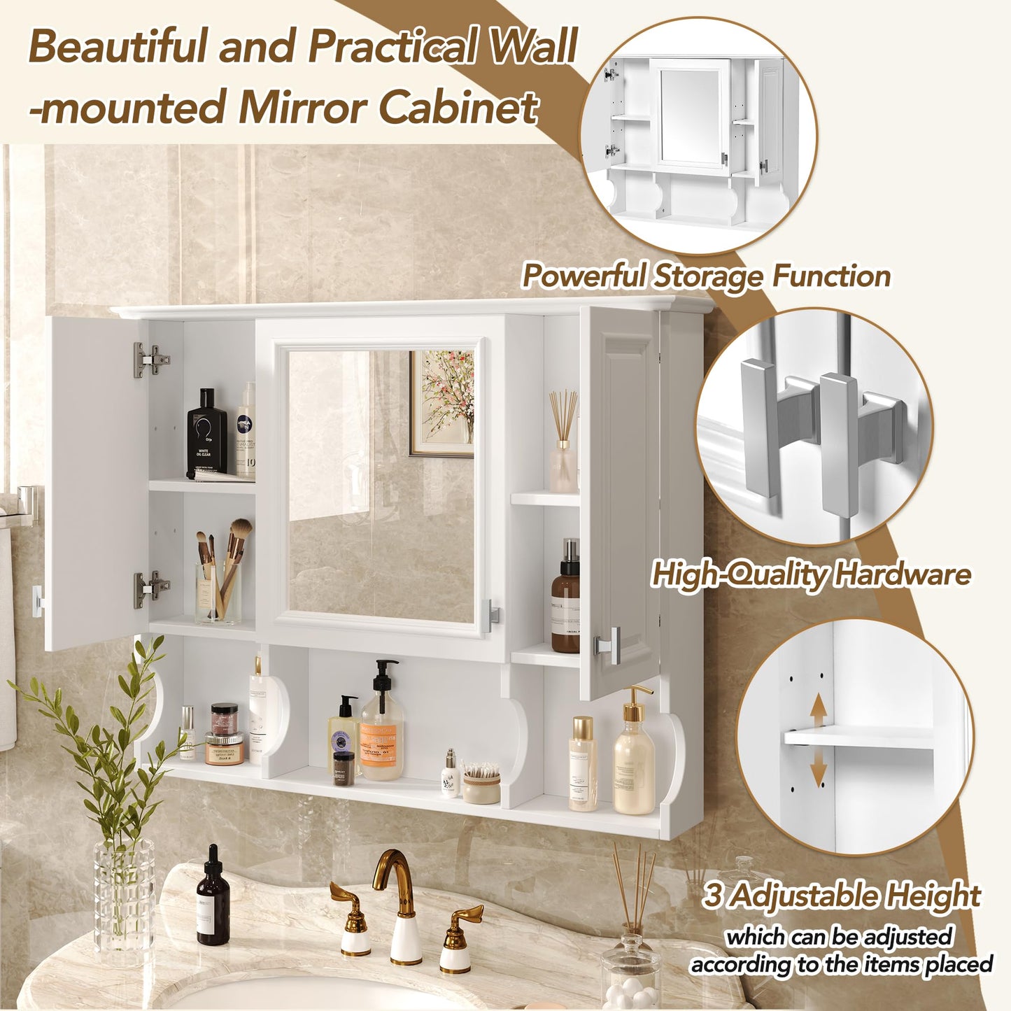 Merax Bathroom Wall Cabinet with Mirror, Wall Mounted Medicine Cabinet with Adjustable Shelves and Open Spaces, 35" x 28" Mirrored Door Over The Toilet Bathroom Storage Cabinet