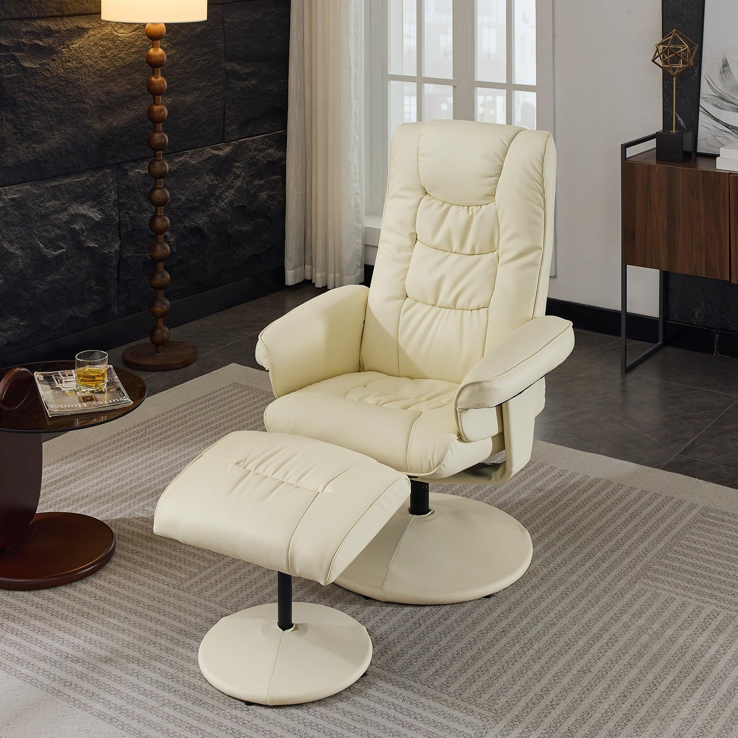 KEIKI Swivel Reclining Chair with Ottoman, High Backrest,5-Point Vibration Massage & Heated Seat,PU Leather Upholstered Armchair Lounge Sliding Chairs Set for Living Room Bedroom Office,Beige