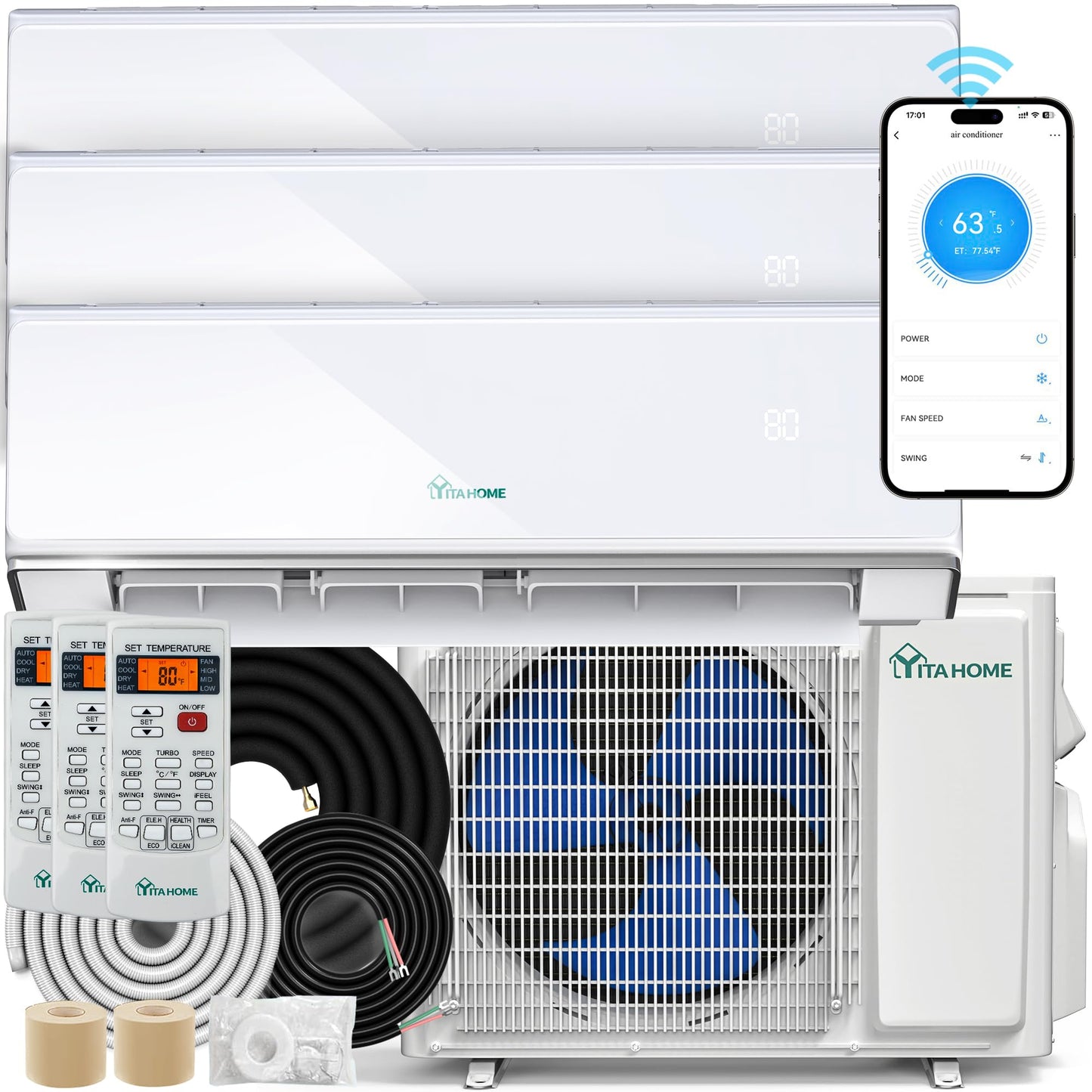 YITAHOME 23 SEER2 24K BTU 3 Zone Mini Split AC/Heating System, 9000 9000 9000 BTU Tri Zone Mini Split Air Conditioner, Wifi Enabled 208-230V Ductless AC Cool Up to 1200 Sq. Ft, Compatible with Alexa