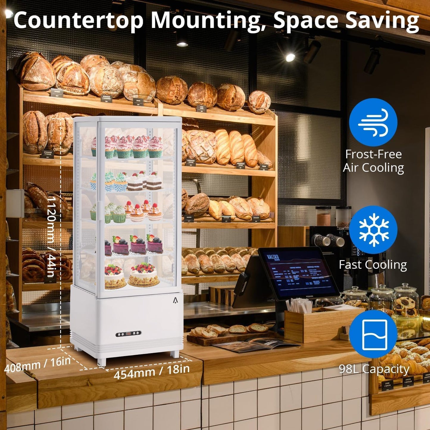 Countertop Display Refrigerator 3.4 Cu.ft, 4-Tier LED Pastry Cooler, Sliding Door, Adjustable Shelves, Commercial Fridge for Bakery Cafe Restaurant, Frost-Free, Black