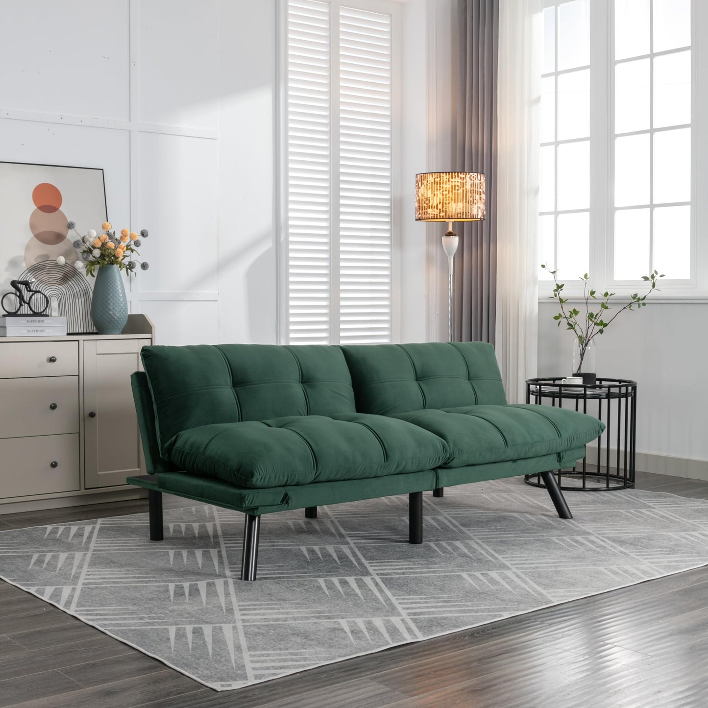 GDFStudio Hayezc Loveseat Sofa, Convertible Sofa Bed, 2-in-1 Folding Modern Futon with Adjustable Armrest & Backrest, 800lbs Capacity Small Apartment Sleeper for Living Room, Office, Emerald Green