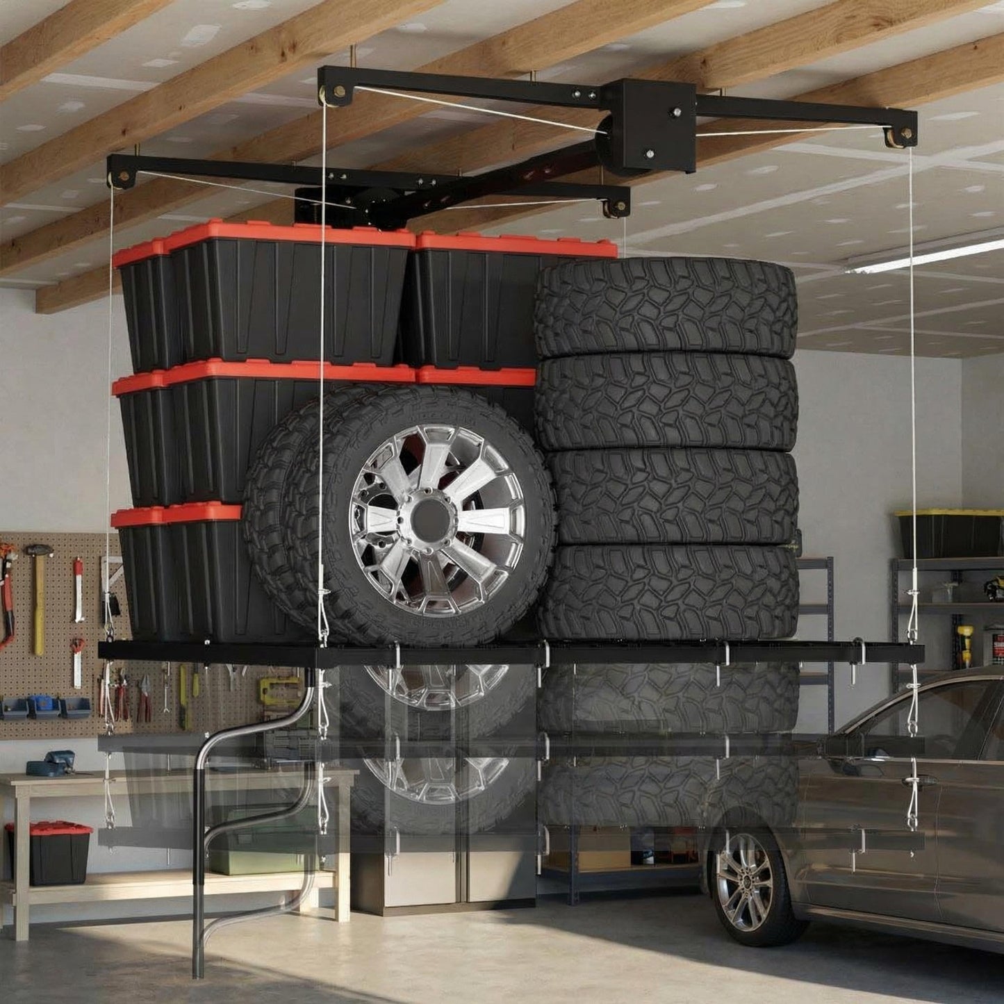 EliteEdge 4x4 FT Overhead Garage Ceiling Storage Rack, 350 LBS Heavy-Duty Lift Elevator System with Smooth Hand Crank, Space-Saving Hoist Organization for Bins, Tools & Seasonal Gear