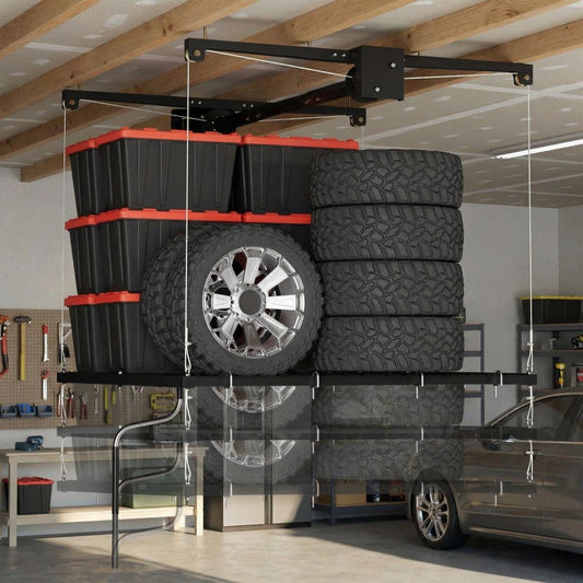 EliteEdge 4x4 FT Overhead Garage Ceiling Storage Rack, 350 LBS Heavy-Duty Lift Elevator System with Smooth Hand Crank, Space-Saving Hoist Organization for Bins, Tools & Seasonal Gear