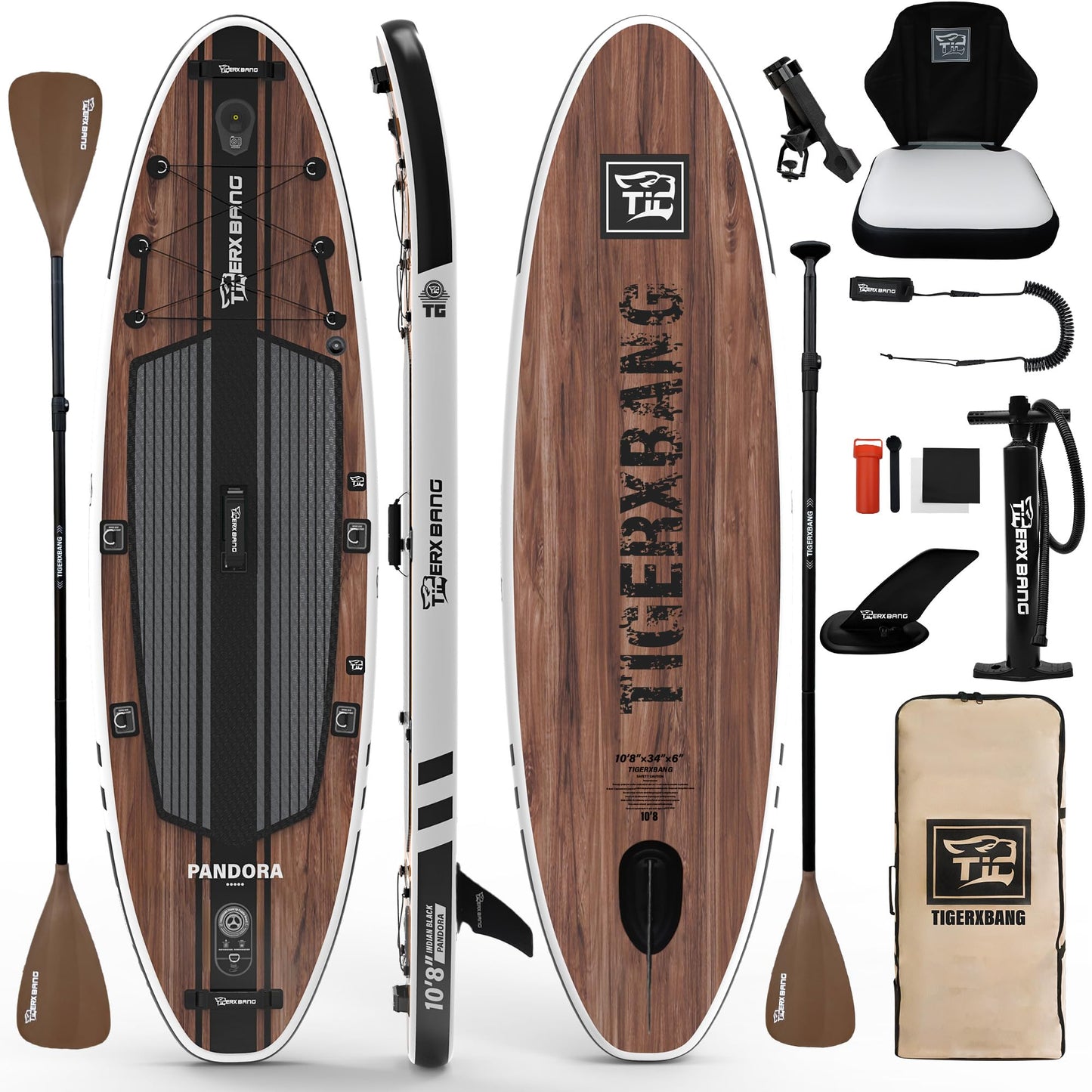 TIGERXBANG Inflatable Paddle Board 10'8", Extra Wide, Upgraded Seat, Accessory Mount & Fishing Rod Holder, Premium Accessories for Leisure Paddling & Fishing