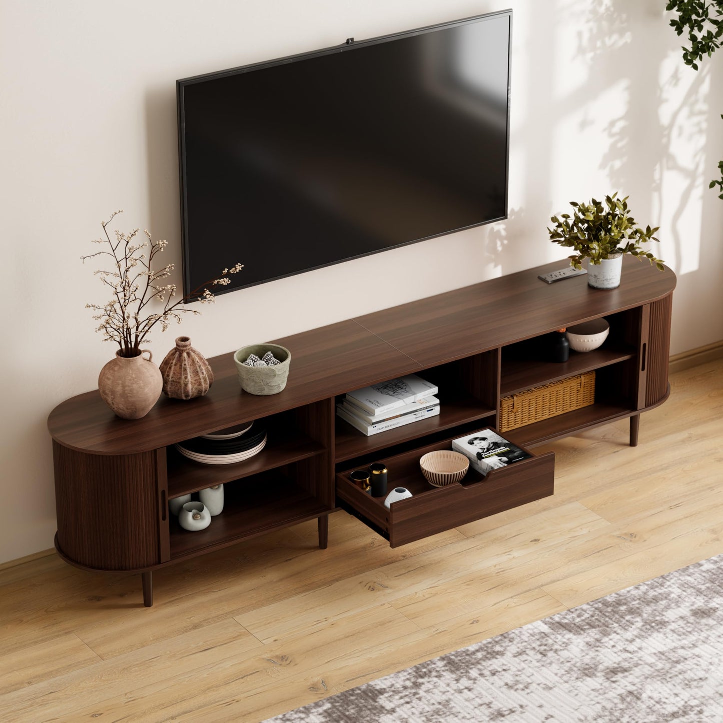 DHH 86.6" Fluted TV Stand with Power Outlet for TVs up to 90", TV Console with Adjustable Shelves and Sliding Door,Mid Century Modern Entertainment Center for Living Room,Bedroom (Walnut)