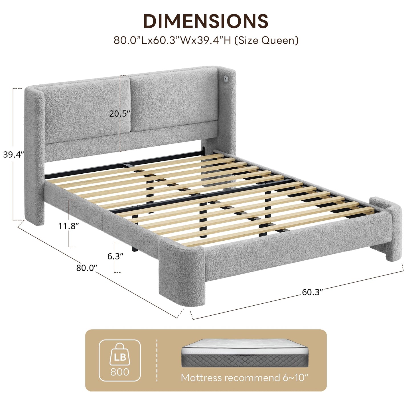 LIKIMIO Queen Bed Frame with Headboard, Upholstered Boucle Platform Bed with USB Ports, Base Camas Queen No Box Spring Needed, Gray