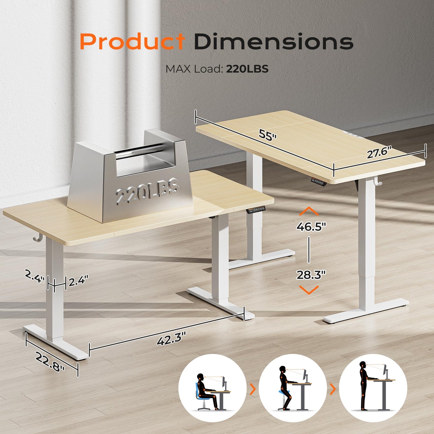 Huuger 55 x 28 Large Electric Standing Desk, Height Adjustable Desk, 27.6" Deep Desktop, Stand up Gaming Computer Office Desk with 2 Hooks, 3 Preset Heights, for Home Office, Maple