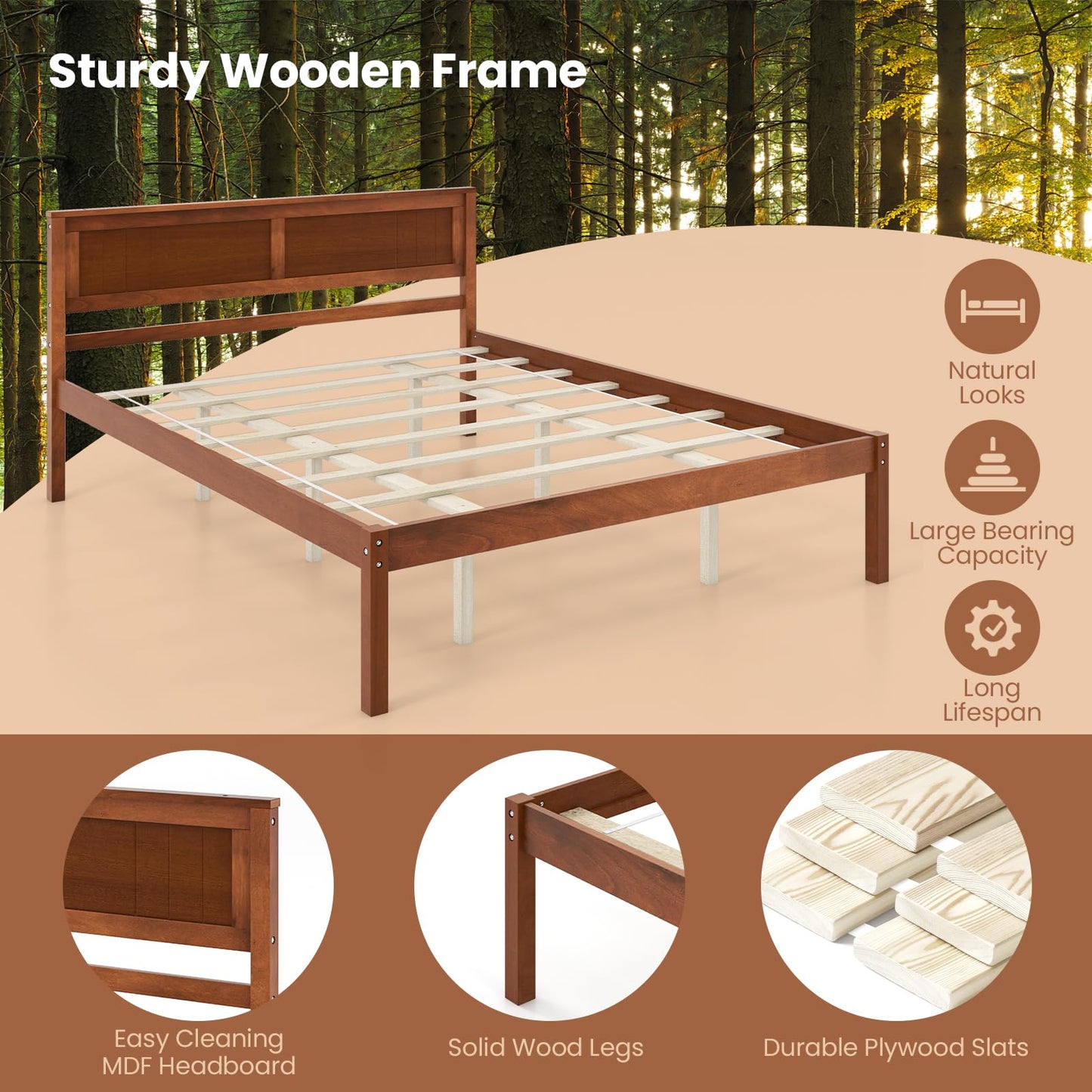 Giantex Wood Queen Platform Bed with Headboard, Mid Century Solid Wood Bed Frame with Wood Slat Support, Wooden Mattress Foundation with 12" Under Bed Storage for Bedroom, Easy Assembly, Walnut