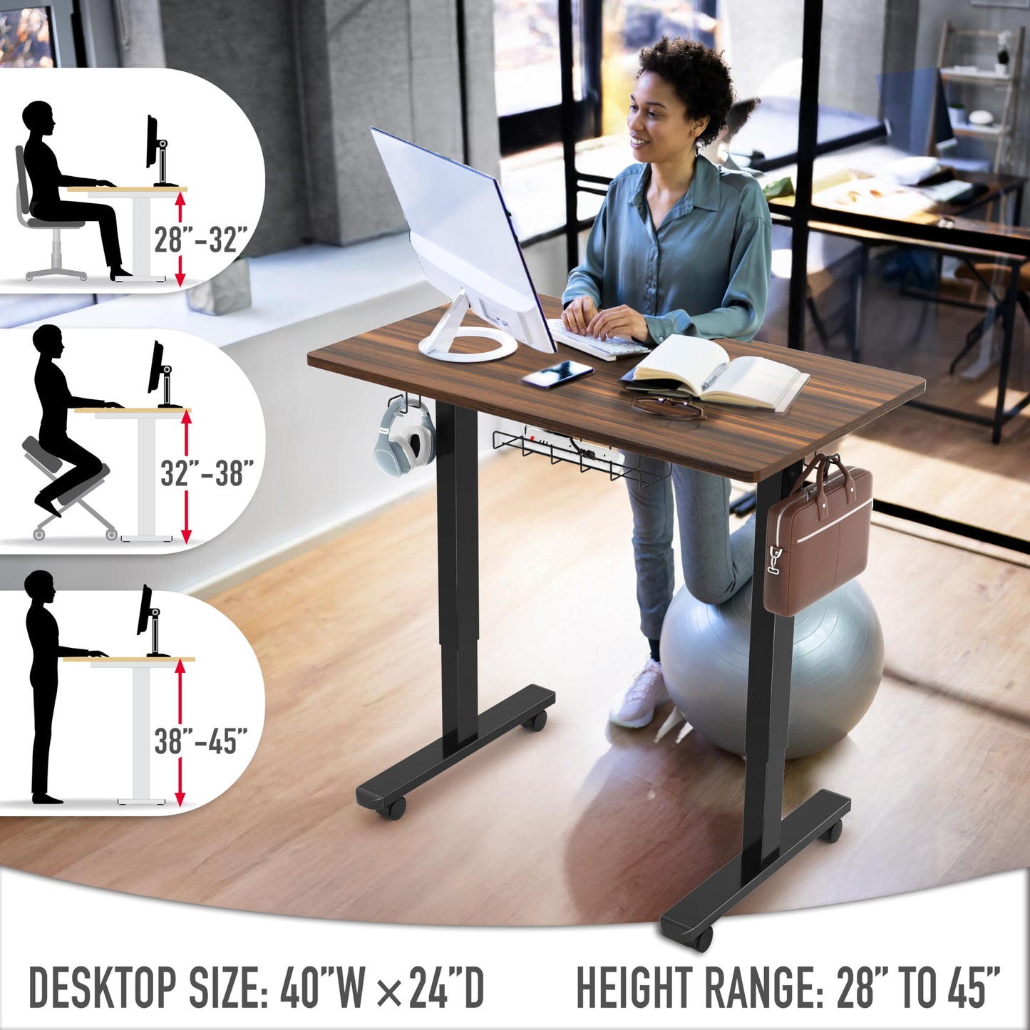 SHW 40-Inch Mobile Electric Height Adjustable Sit to Stand Desk with Drawer, Hanging Hooks and Cable Management, Walnut