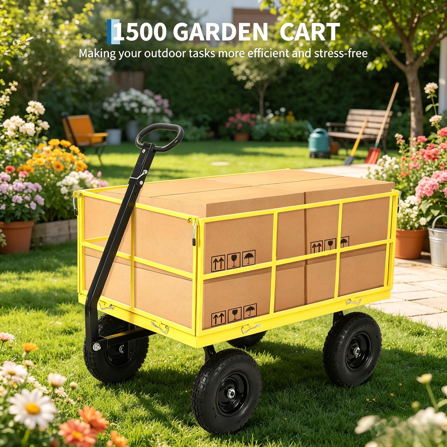 1500 lbs Steel Garden Cart, Folding Utility Wagon with Removable Sides, Garden Wagon Cart on Wheels, Metal Utility Wagon Yard Trailer with 13 in Tires180° and Swivel Handle, Yellow