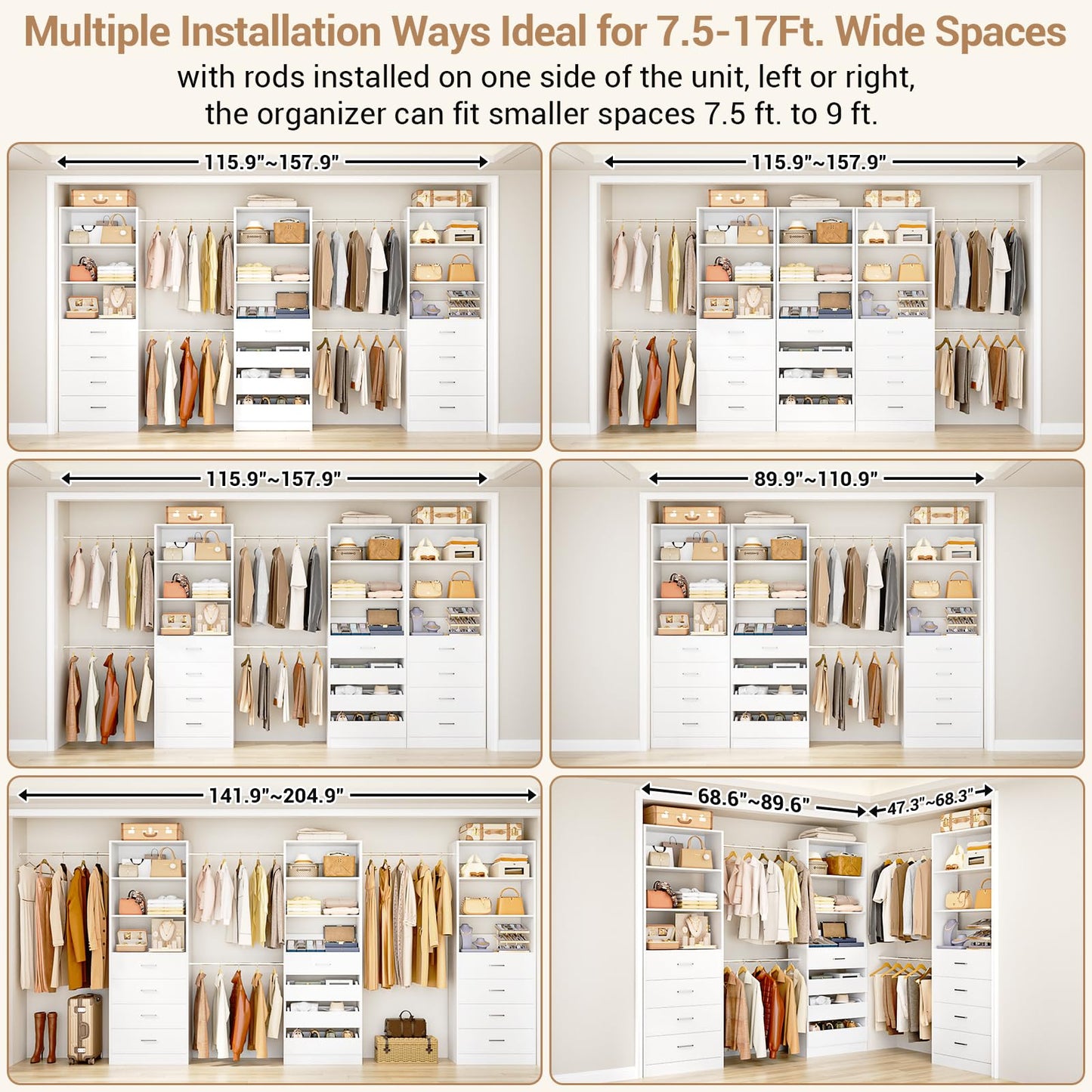 Aheaplus Closet System with 12 Drawers, 8.5-11.5Ft Wood Closet Organizer System with 4 Hanging Rods & 3 Towers, 4Ft & 6Ft L-Shaped Walk-in Closets Wardrobe Organizer Clothes Rack, Set of 3, White1