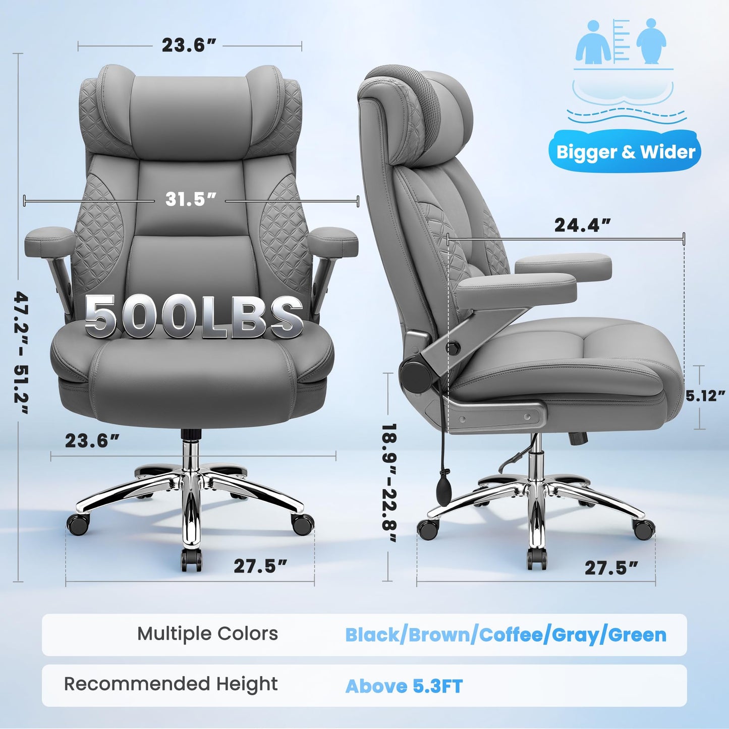 Big and Tall Office Chair for Heavy People, 500LBS Wide Seat Computer Desk Chair, Extra Large Executive Gaming Chair with Adjustable Lumbar Support and 5D Flip Arms, Comfy Heavy Duty Office Chair