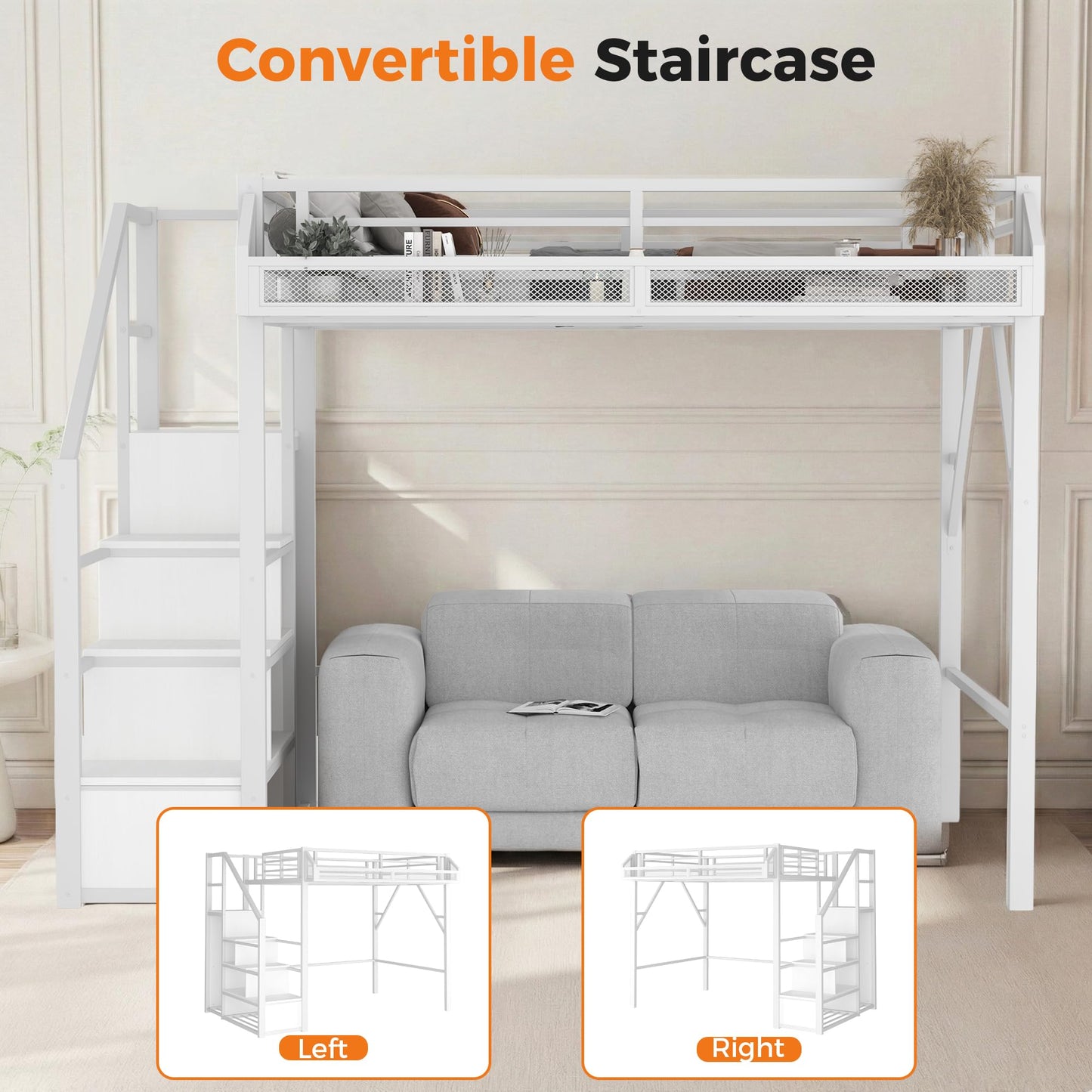 IZLKQC Full Size Loft Bed with Built-in Storage Stairs, Wardrobe, Metal High Loft Bed Frame with Sided Guardrail, Solid Slats, Space Saving Loft Bunk Bed Frame with Wardrobe for Kids Teens, White