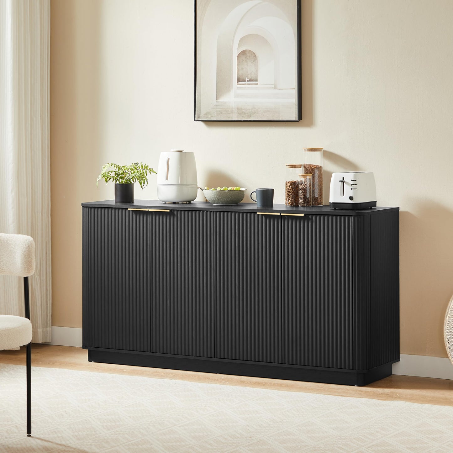 KEIKI 63" Buffet Cabinet Sideboard with Stoarge, Credenza Storage Cabinet, Large Console Table, TV Stand, Coffee Bar Cabinet for Kitchen, Dining Room, Living Room, Entryway, Black