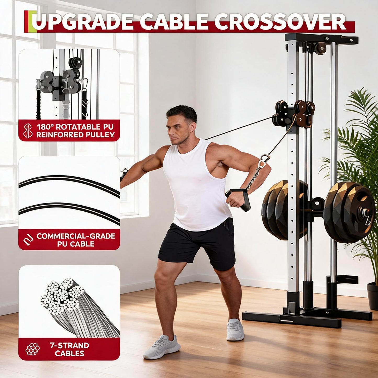 Wall Mounted Cable Machine for Home Gym, High and Low Cable Crossover Machine with 19-Position & Dual Pulley System, LAT Pulldown, Up to 400 Lb Capacity, Space-Saving (Weights Not Included)
