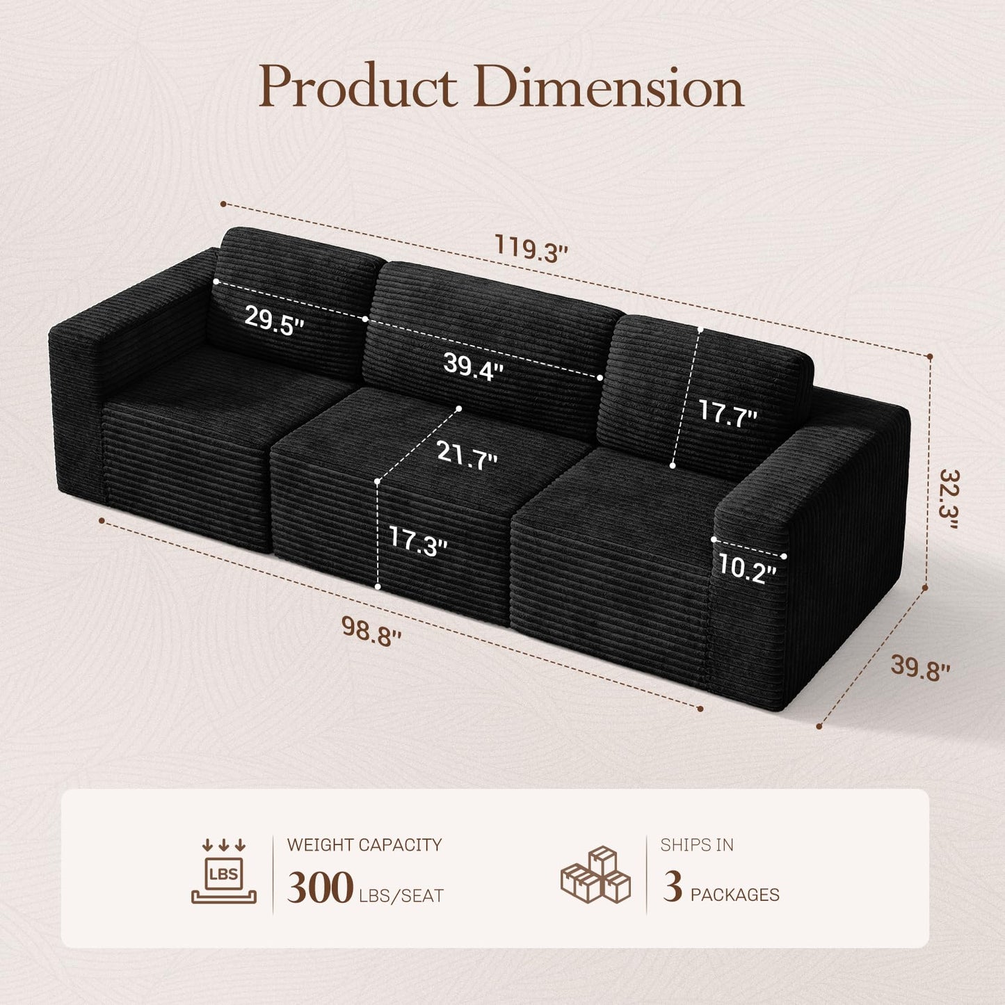 119" Modular Sofa Set, Corduroy Cloud Sectional Couch with Extra Deep Seating & Reinforced Spring System, Compact 3-Seater Boneless Sofa for Living Room & Apartment Spaces, Tool-Free Setup, Black