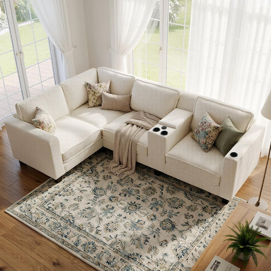 105.5" L-Shaped Corner Sectional Sofa with Multi-Functional Storage Console for Home Apartment, Comfy Corduroy Upholstered Cloud Couches W/USB-C Charger & Cupholders