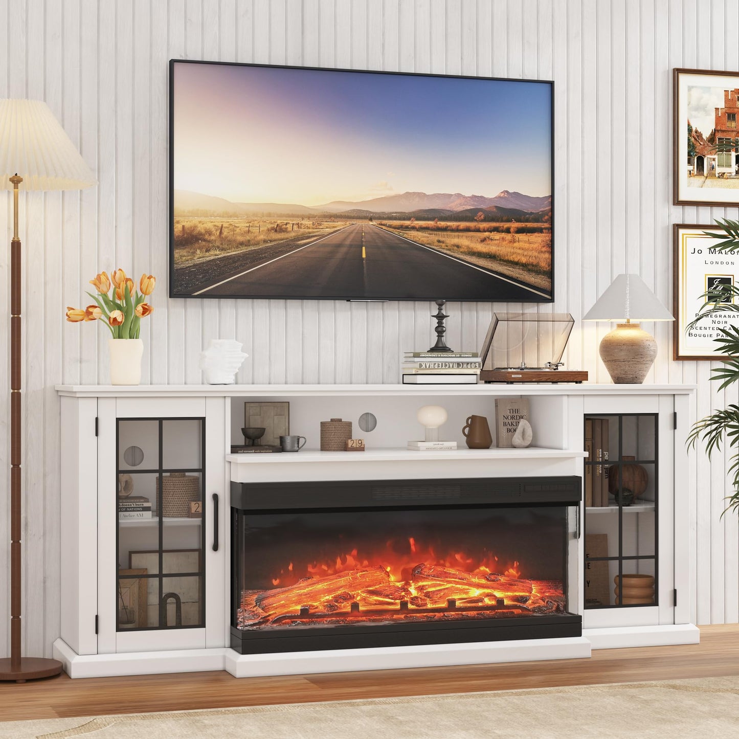 Fireplace TV Stand, 75'' TV Stand with 40" Fireplace, Electric Fireplace Heater, Entertainment Center with Frame and LED Light Colors, TV Console Cabinet