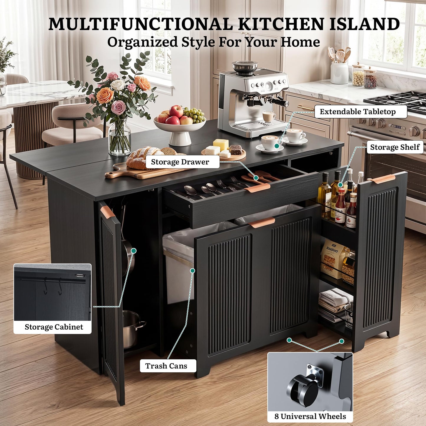 YITAHOME Expandable Kitchen Island with Hidden Trash Cabinet, 55.1" Rolling Kitchen Island with Drop Leaf, Storage Drawer & 3-Tier Side Shelves, Mobile Kitchen Island on Wheels with Towel Bar & Hooks
