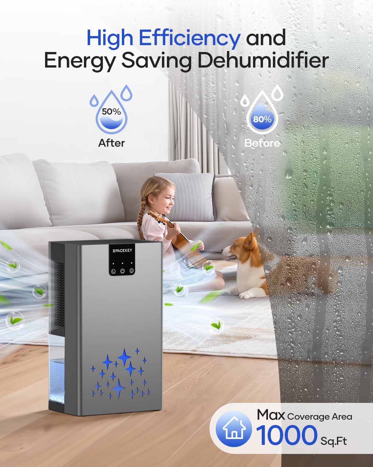 Dehumidifier, 95 OZ Water Tank Dehumidifiers for Home, 1000 sq. ft. Dehumidifier for Basement Bathroom Bedroom with Auto Shut Off, 7 Colors LED Light, Quiet Dehumidifiers with Sleep Mode, Grey