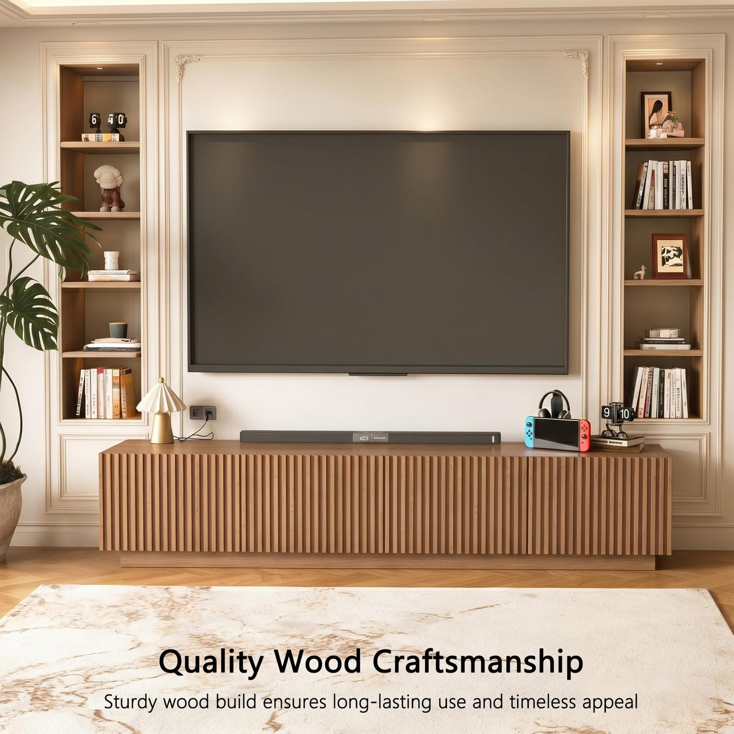 86.61" Mid-Century Modern TV Stand for TVs up to 85", Walnut Entertainment Console with Large Storage, Sturdy Media Cabinet for Living Room & Bedroom