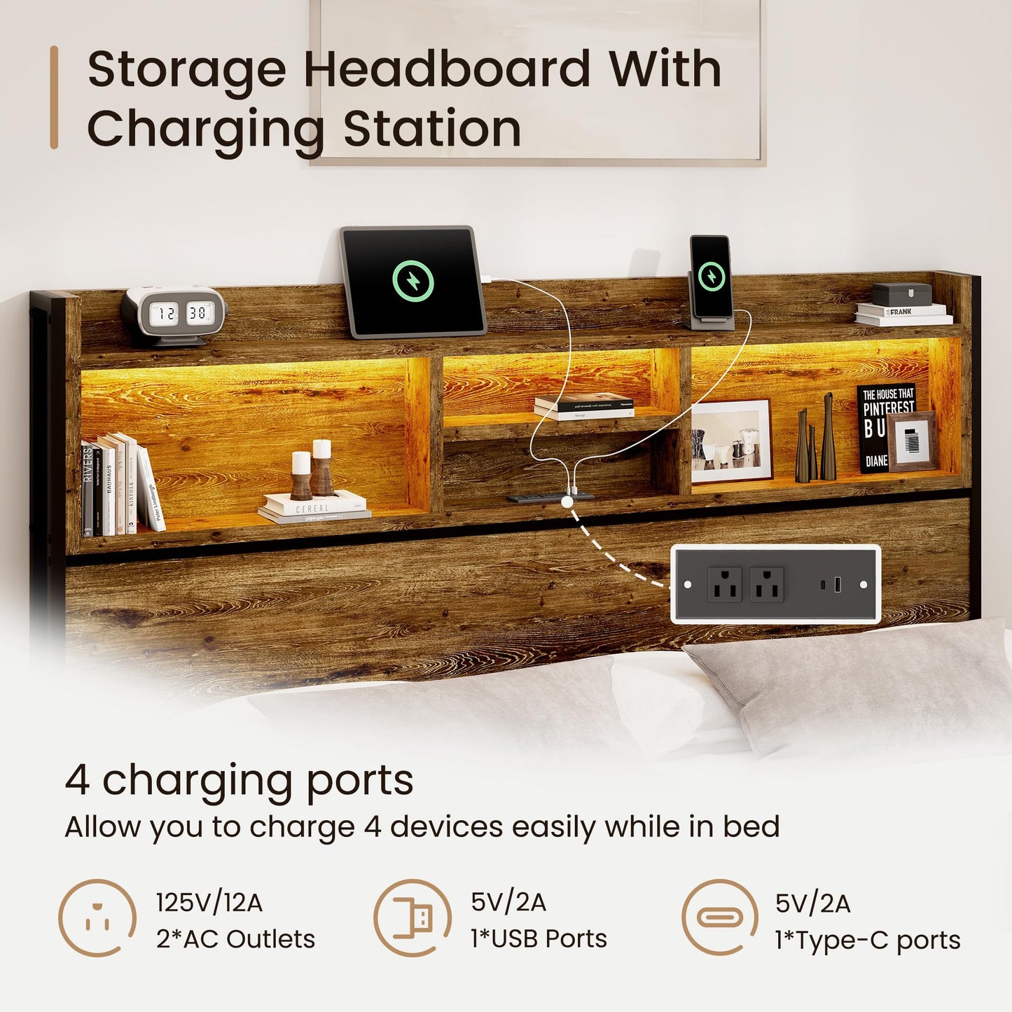 BRELTAM King Storage Bed Frame with 6 Drawers, USB Charging Station, No Noise, No Box Spring Required, Vintage Brown Headboard Platform Bed