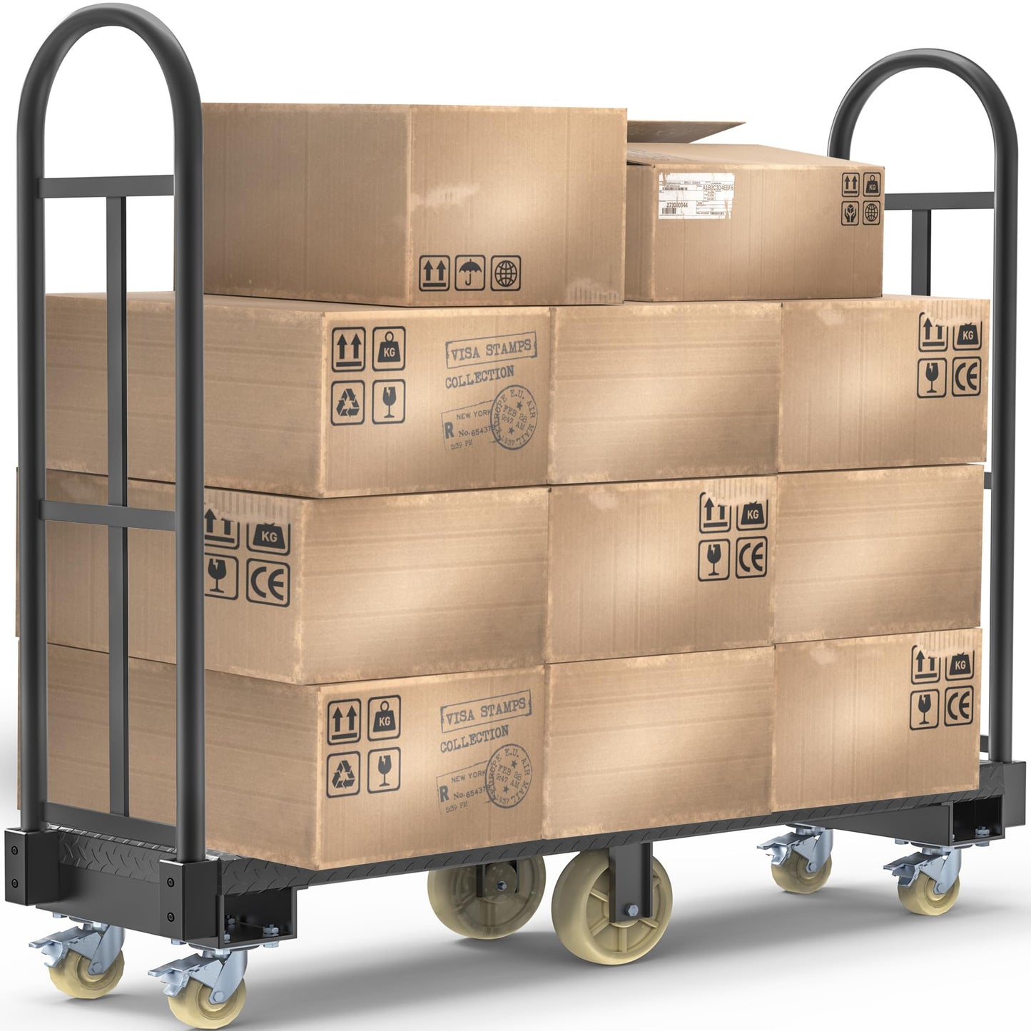 YINTATECH 2000lbs Heavy-Duty U-Boat Cart, 63"*15.75"*60.8" U Boat Platform Dolly with 6 Casters(4 Swivel Wheels with Brake & 2 Solid Wheels) for Garage,Warehouse,Household