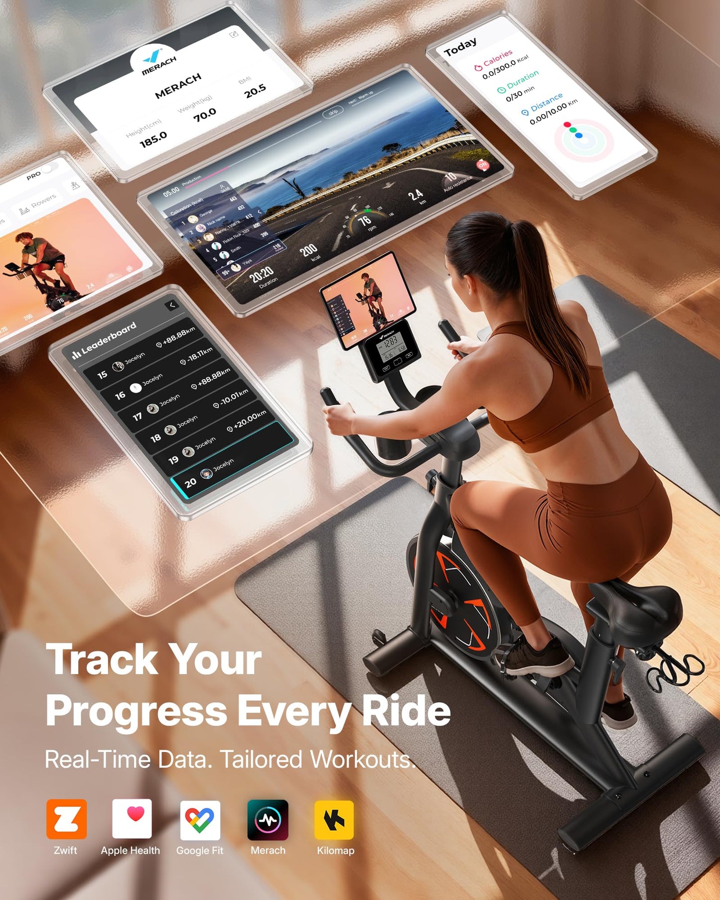 Merach Magnetic Exercise Bike, Low Noise Stationary Bike for Home with Comfortable Seat Cushion, Spinning Bike with 330 lb Weight Capacity, Exclusive App, Tablet Mount and Fitness Courses