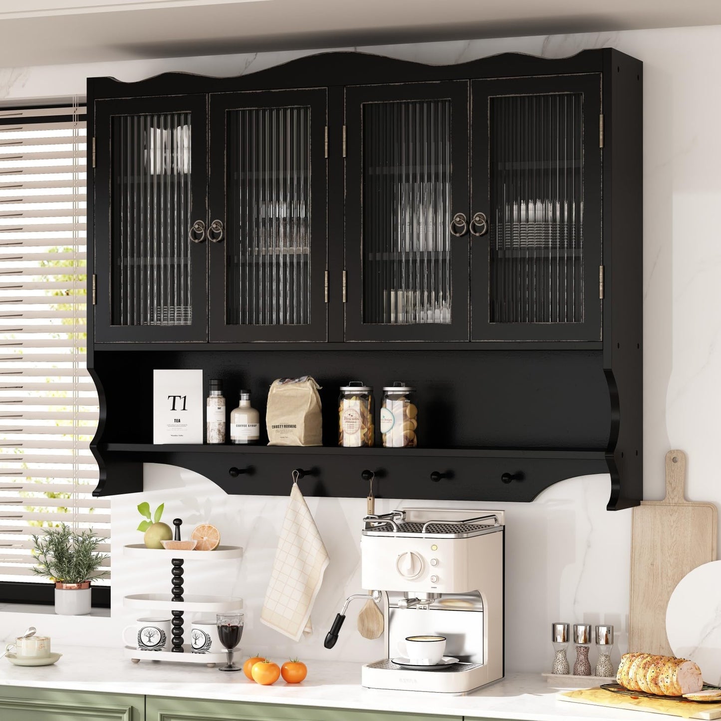 KEIKI 39.37" L Wall Mounted Kitchen Sideboard Cabinet with 4 Glass Door, 5 Hook Rack, 4 Layers Shelves, Retro Storage Buffet Medicine Cabinet for Bathroom, Dining Rooms, Entryway, Solid Wood, Black