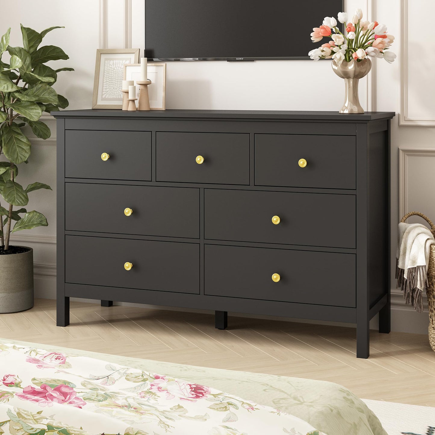 LYNSOM Black Dresser for Bedroom with 7 Drawers, 47'' Wide Modern Chest of Drawer with Gold Handles, Wood Storage Dresser TV Stand Dressers for Closet, Living Room, Kids Room, Entryway