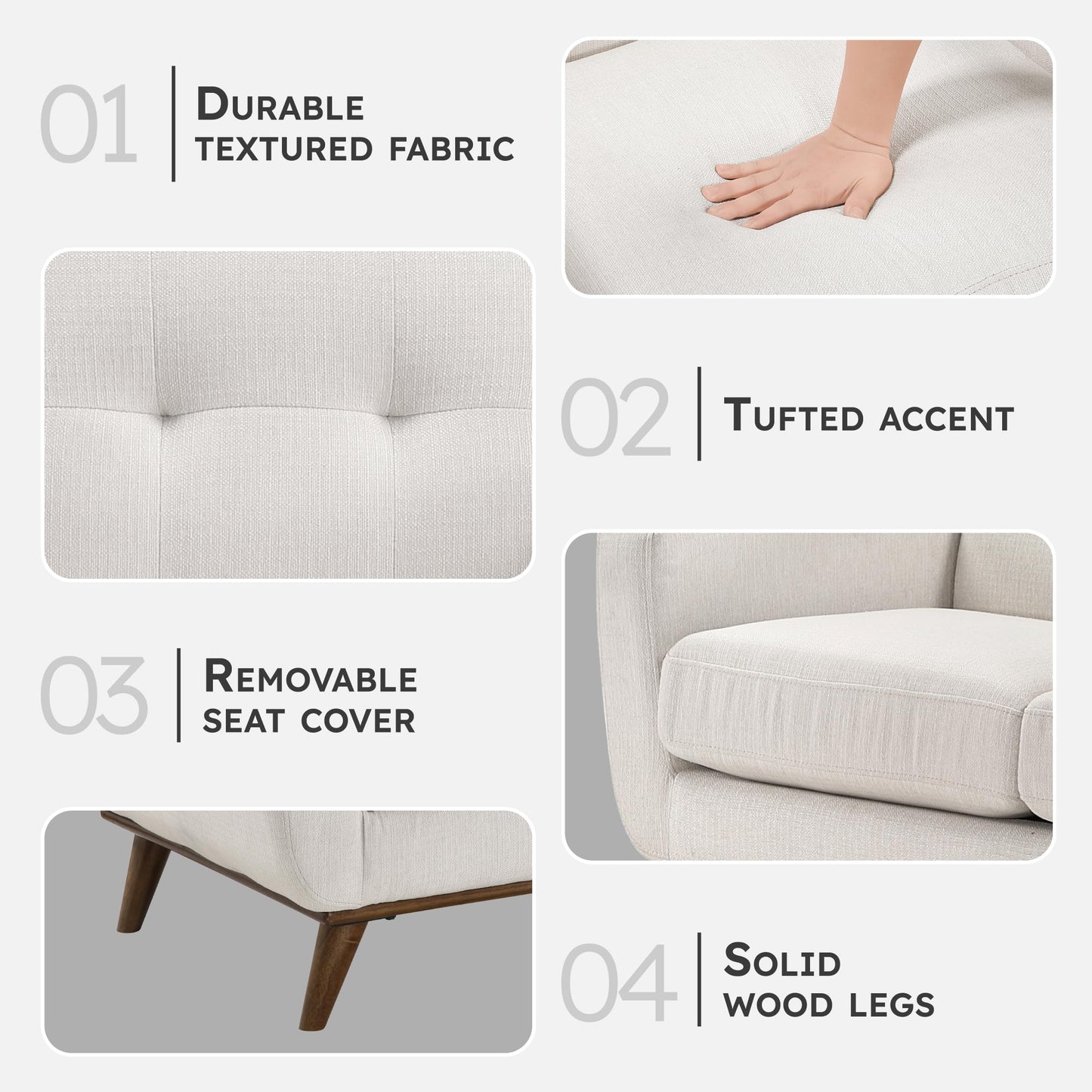 Lexicon Modern Accent Couch, Textured Fabric Upholstered Sofa with Brown Wood Legs, Track Arms, Tufted Couch Back, 3 Seater Sofa for Living Room/Office/Waiting Room, Beige