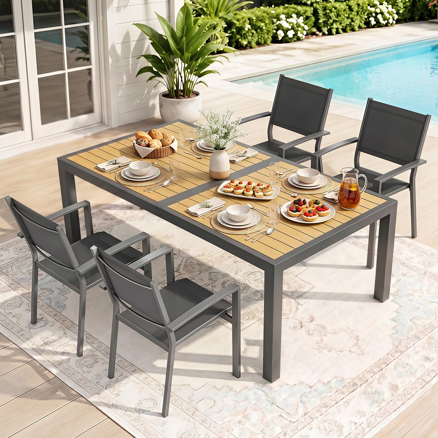 Patio Table and Chairs for 4, Outdoor Patio Dining Furniture Set with Aluminum Table and Metal Textilene Chairs, All-Weather Patio Table Set with HDPS Rectangular Tabletop for Garden Porch