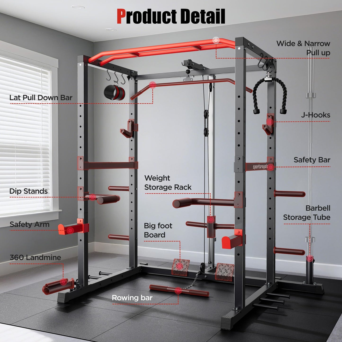 Sportsroyals Power Rack, Multi-Functional Power Cage, Squat Rack with Pulley System & LAT Pull Down, Workout Cage with J Hooks for Home Gym