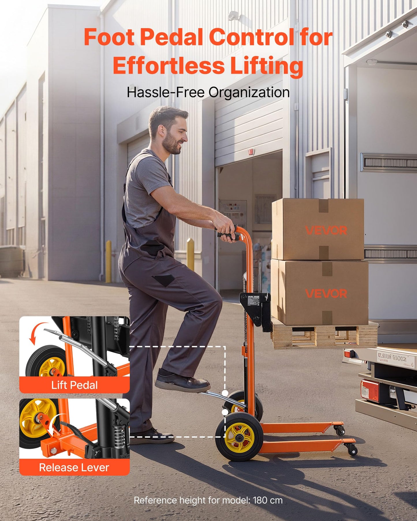 VEVOR Hydraulic Material Lift Winch Stacker, 450 lbs Load Capacity, 35.4'' Max Lifting Height, Pallet Truck Dolly with Fork Lift Table, Foldable & Portable Pallet Jack Table Cart, Orange & Black