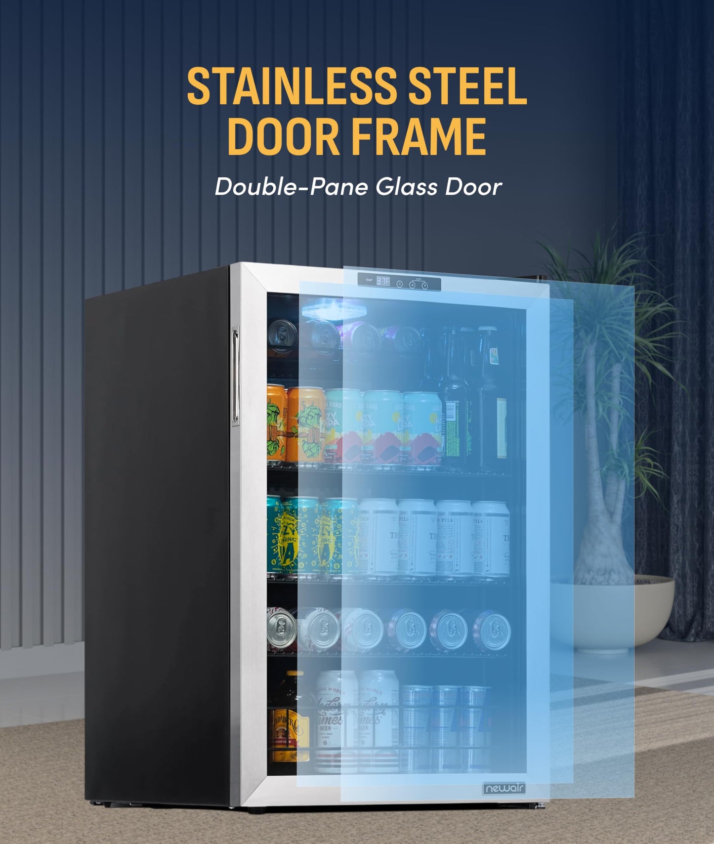 NewAir 160 Can Beverage Refrigerator | Freestanding Small Mini Fridge for Bedroom, Home Bar or Living Room | SplitShelf Storage, Digital Thermostat & LED Light | Stainless Steel