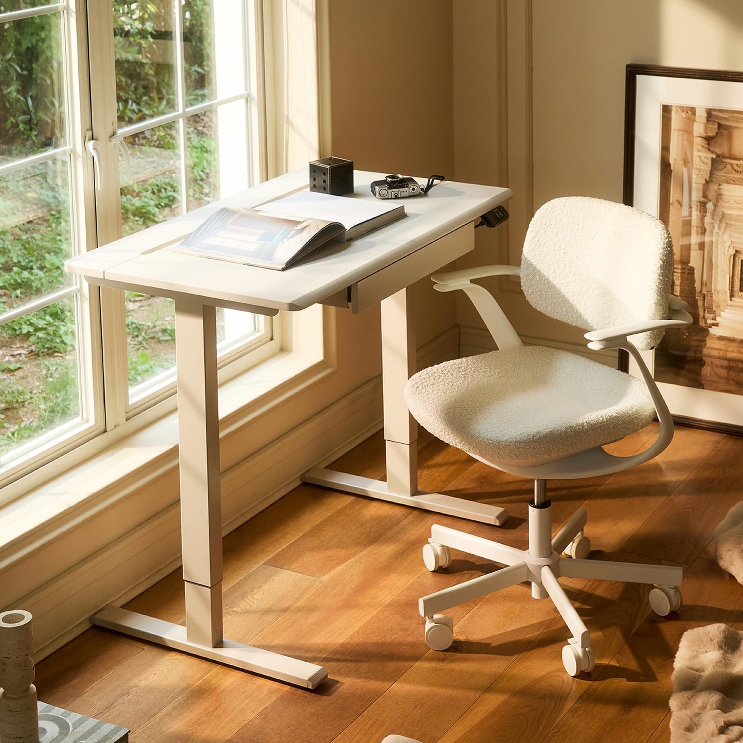 TopJob AnyDesk Hub Electric Standing Desk, Height Adjustable Small Desk with Built-in Drawer & Wide Desktop Wire Slot & Cable Management, Curved Waterfall Edge, 2 Memory Settings (Cream)